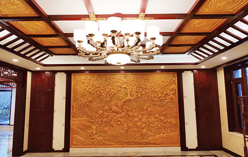 遂溪中式别墅客厅中式木作横梁吊顶装饰展示
